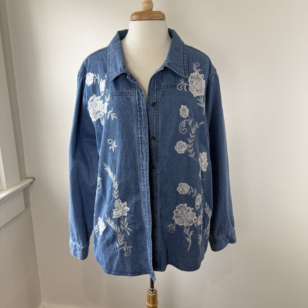 Vintage Denim and Co Floral Embroidered Cottagecore Denim Jean Jacket, 2XL